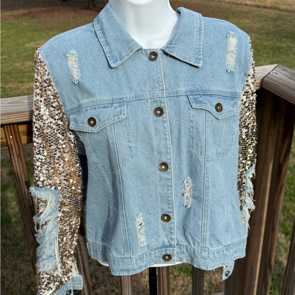 Distressed Denim Jacket Sequin Sleeve Y2K Glam Western Festival Chic w034